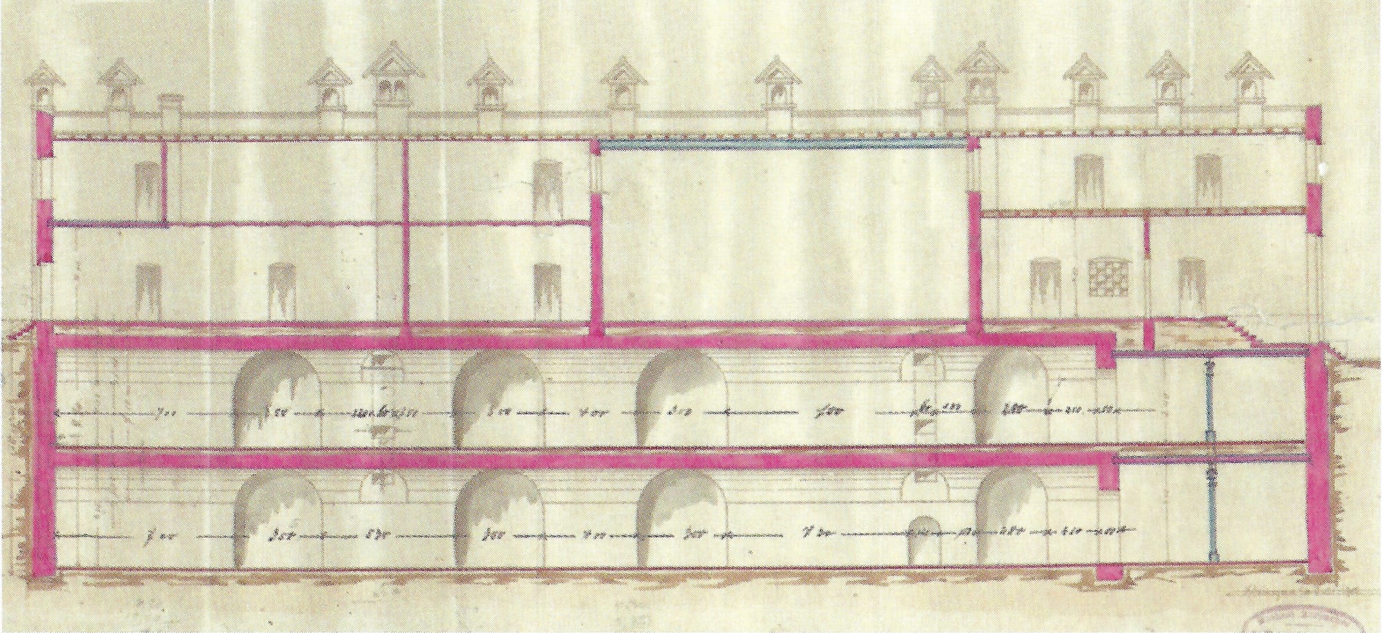 Historische Architekturzeichnung der Hoffassade mit handschriftlichen Anmerkungen, „Welche Pracht!“